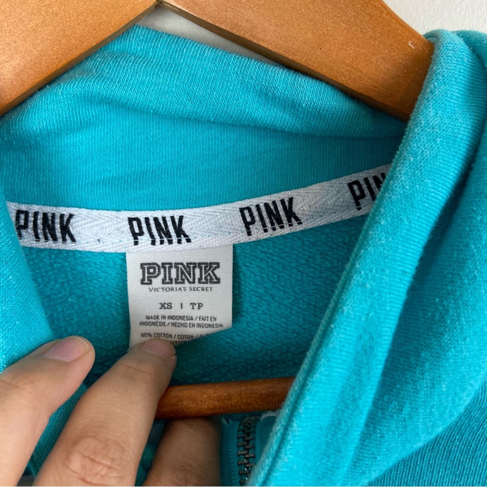 Victoria Secret PINK Turquoise Teal Logo Cheetah Leopard Quarter Zip Pullover XS - Picture 10 of 10